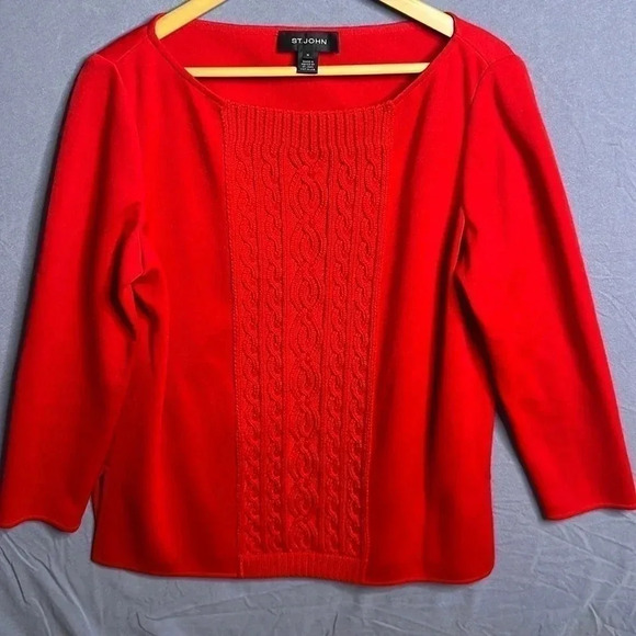 St. John Sweaters - St John wool red sweater size medium with front cable knit panel.